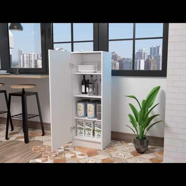 Belleria Single Door Pantry with Four Interior Shelves, White, Tuhome, Mfr#: ALB4447